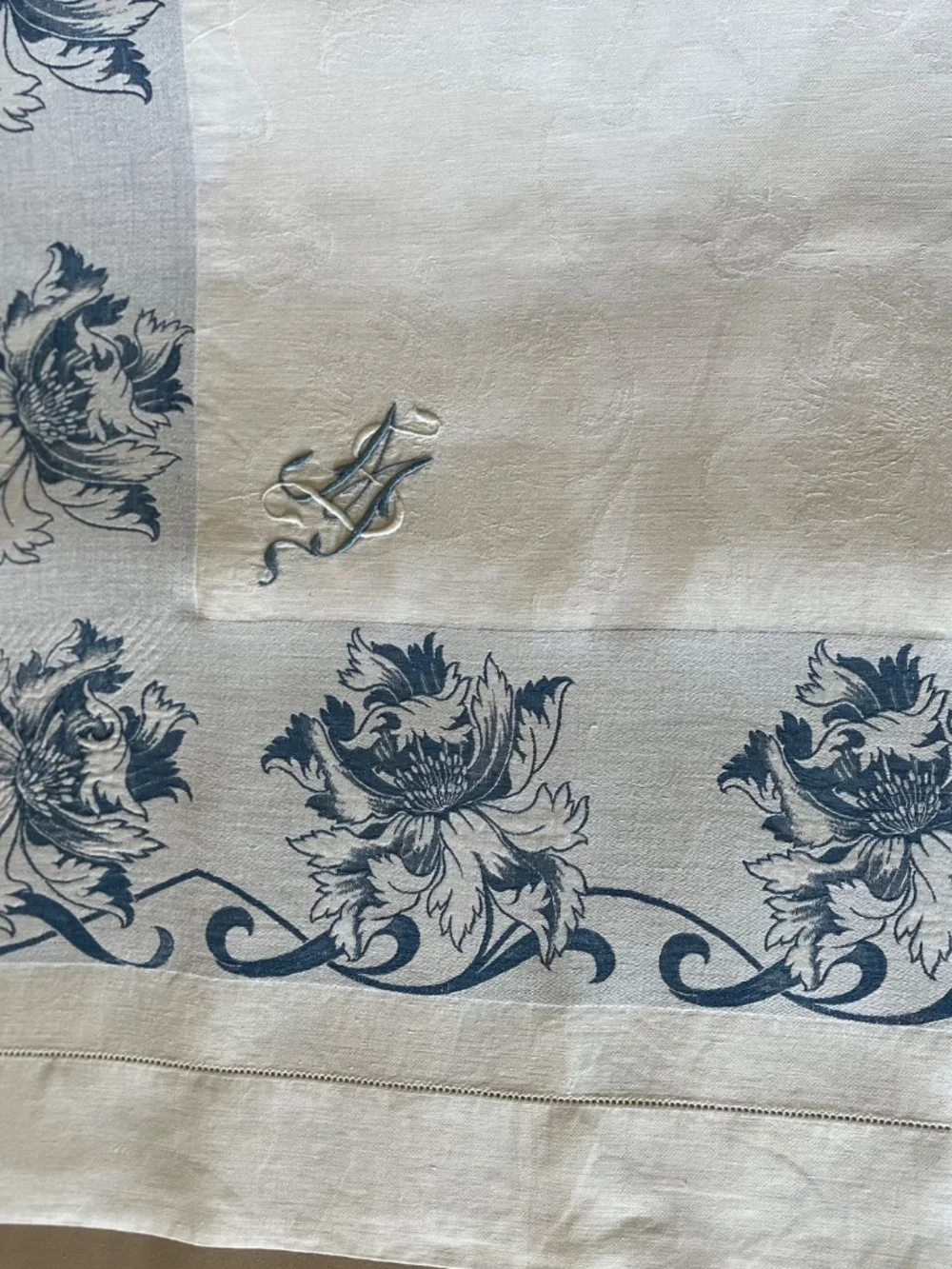 Vintage French Style Floral Damask Tablecloth with Embroidered Monogram MS